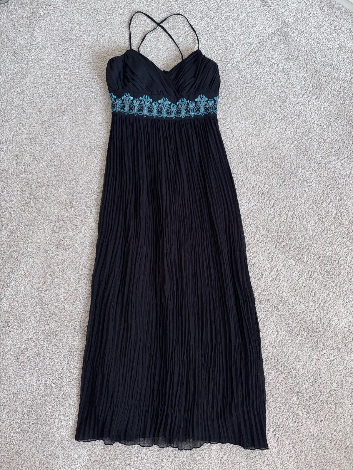 Nicholas millington y2k black pleated maxi dress, turquoise embroidered & beading uk 12 lined