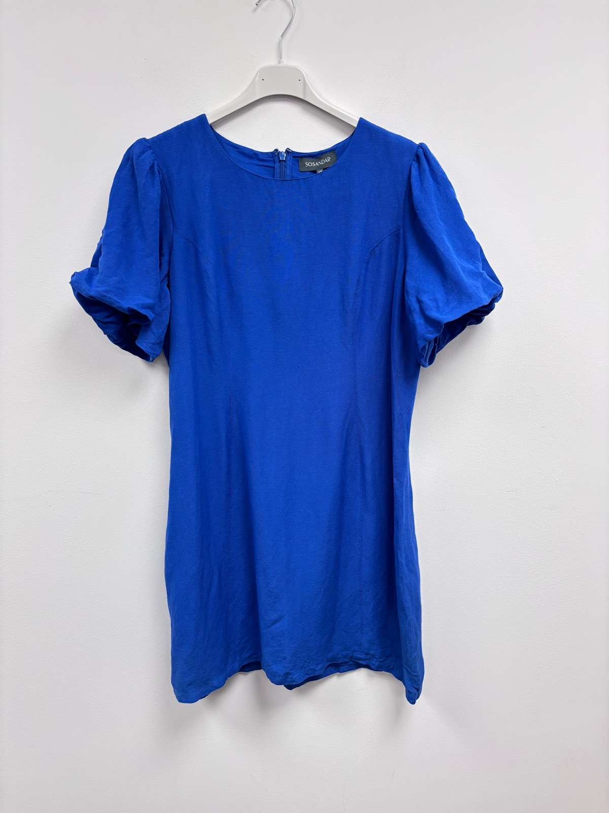 Sosandar royal blue linen & cotton blend shift dress with puffy parachute sleeves uk 14