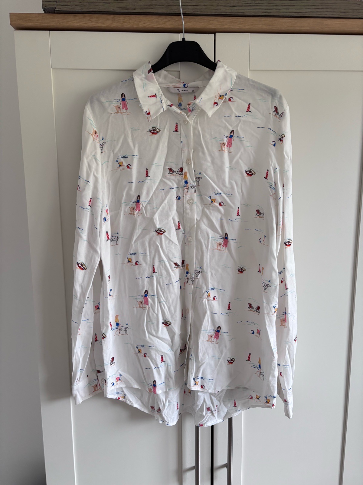 Tu long sleeve button up white lightweight shirt, coastal beach print with dogs sea lighthouse uk 14