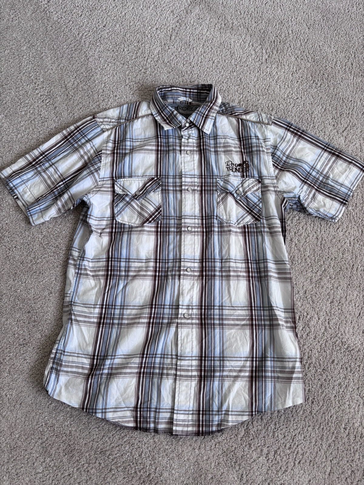 Y2K Cherokee western pearl snap shirt uk S cotton blue plaid check rodeo cowboy 00s