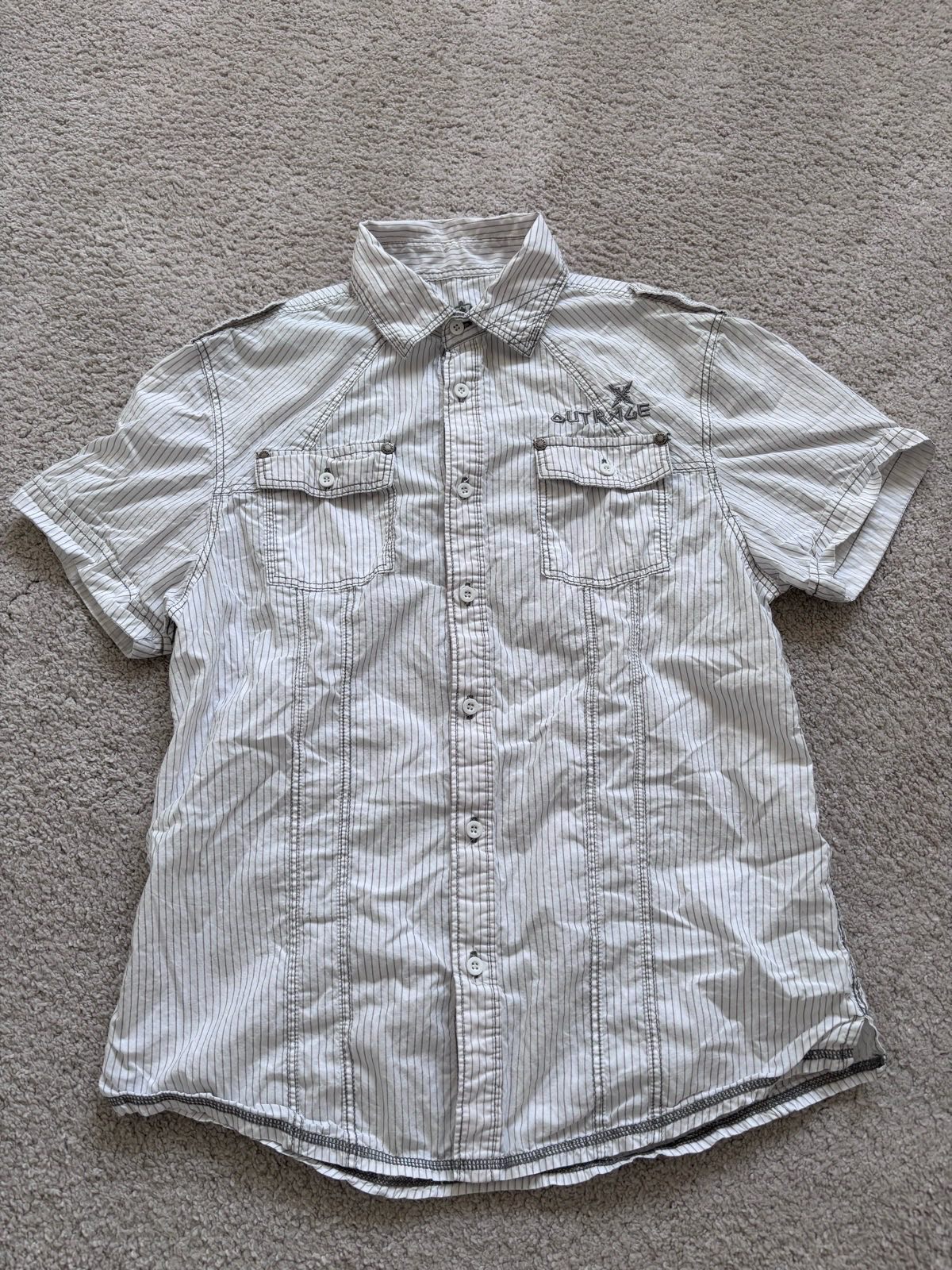 Outrage London y2k cotton shirt size S white beige distressed graphics western skull biker alt grung