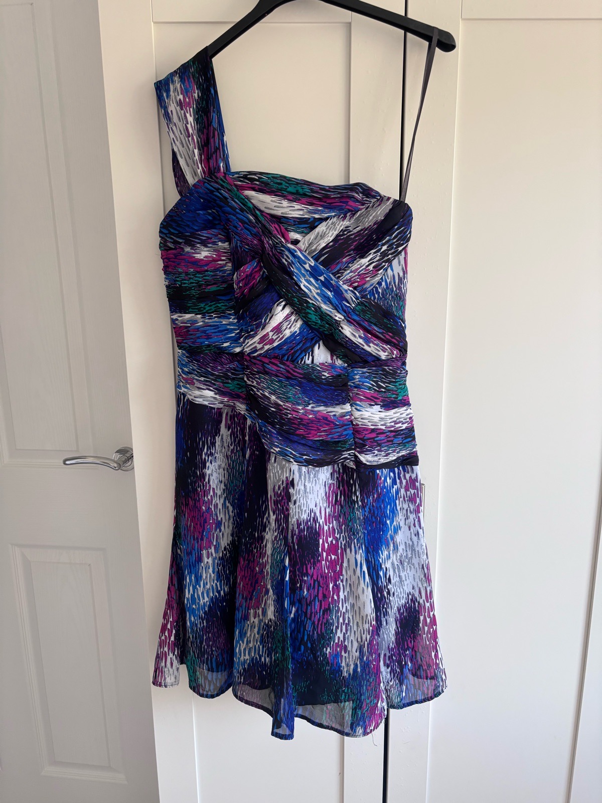 Et vous y2k one shoulder chiffon floaty mini dress uk 10 blue pink abstract print, ruching, occasion