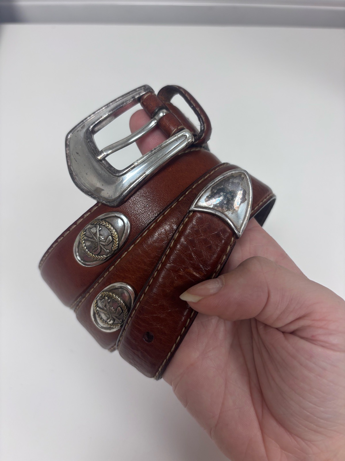 Vintage Fossil brown leather concho golf belt silver western buckle 31.5 - 37” contrast stitching