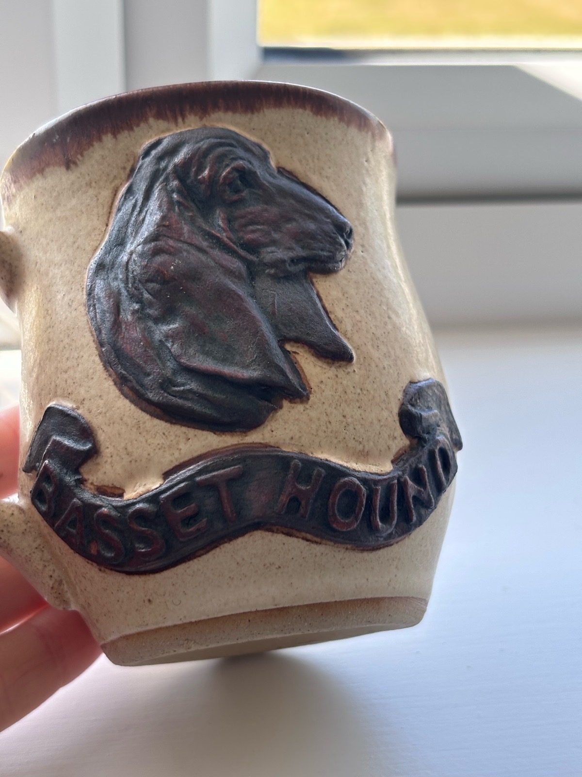 Danielle Salt Glazed Studio Pottery Basset Hound Mug Cup Cream Brown Neutral, novelty dog coffee tea