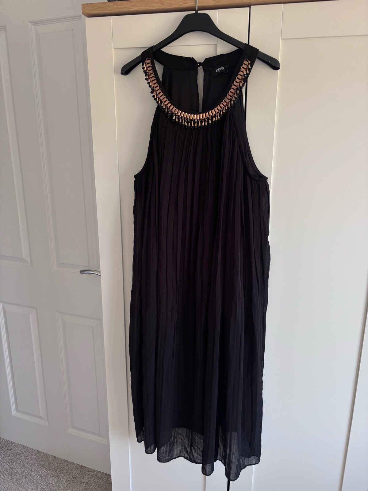 Klass black pleated trapeze swing dress, embellished neck gold metal & beaded boho uk 16 tribal