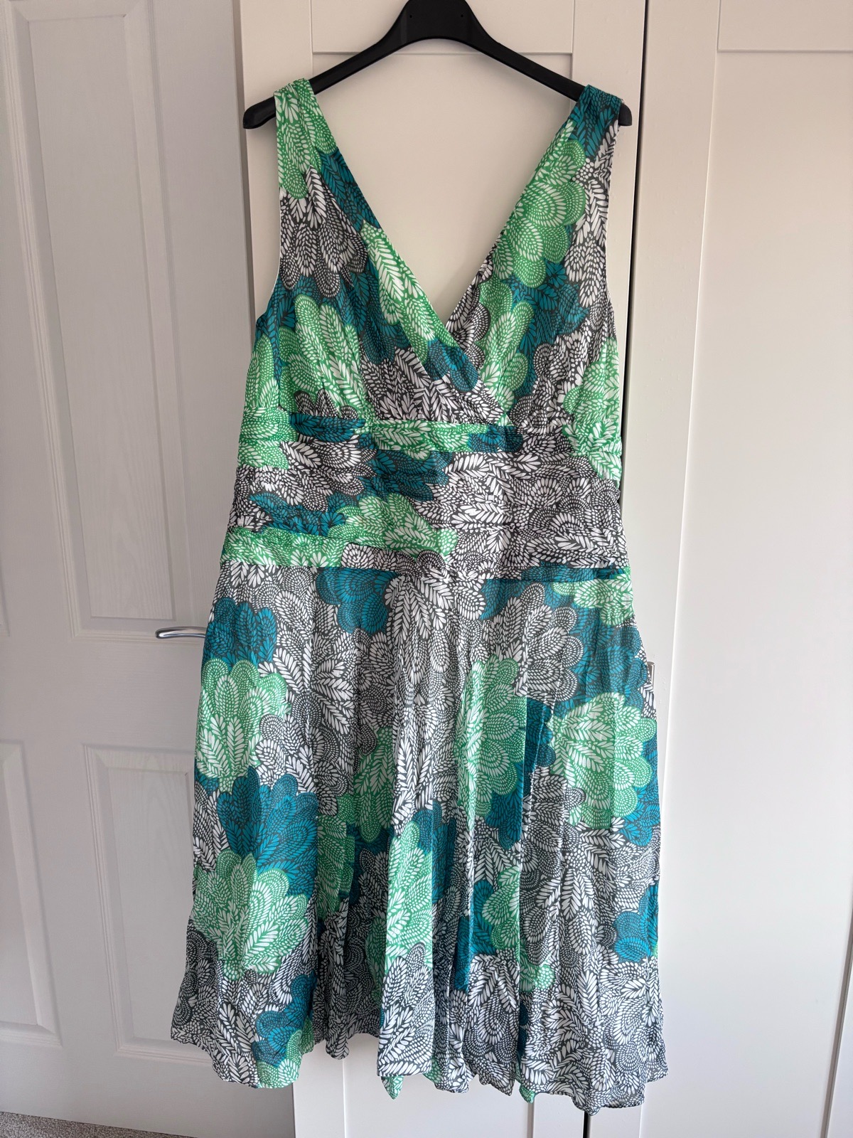 Vtg monsoon Y2K abstract leaf floral printed summer dress green blue white cotton uk 16, v-neck