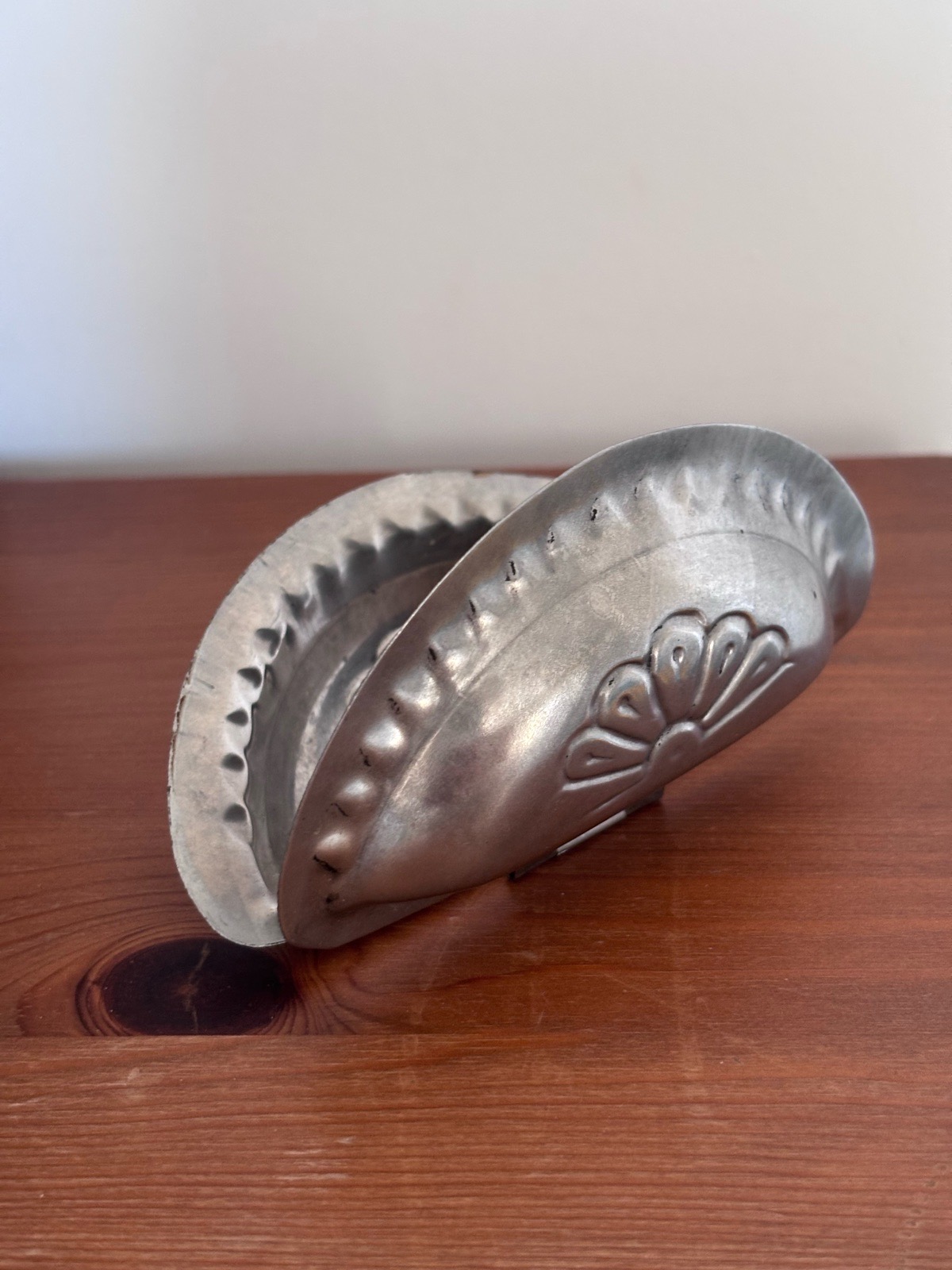 vintage aluminium gujiya karanji pastry mould embossed fan flower, silver clam shape trinket dish