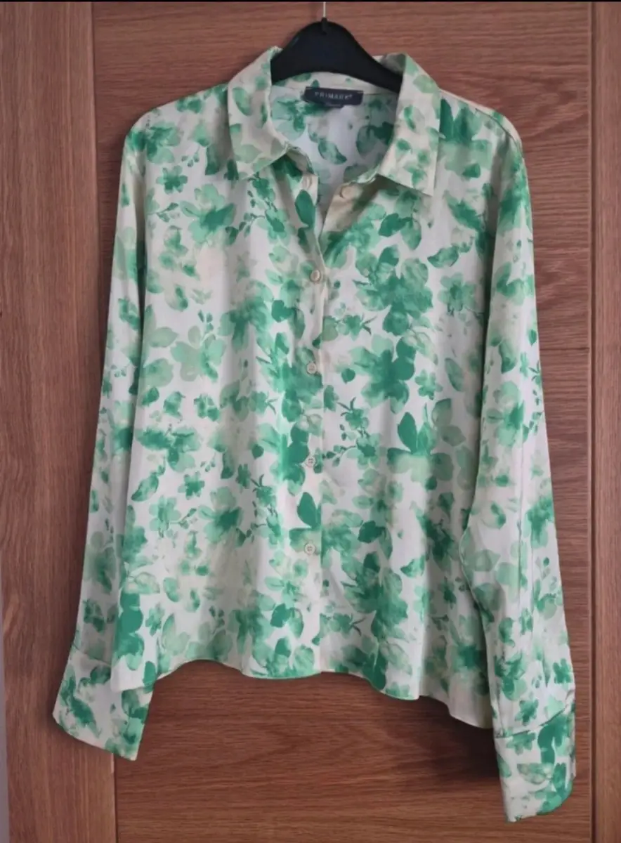 Ladies satin feel green and white floral blouse