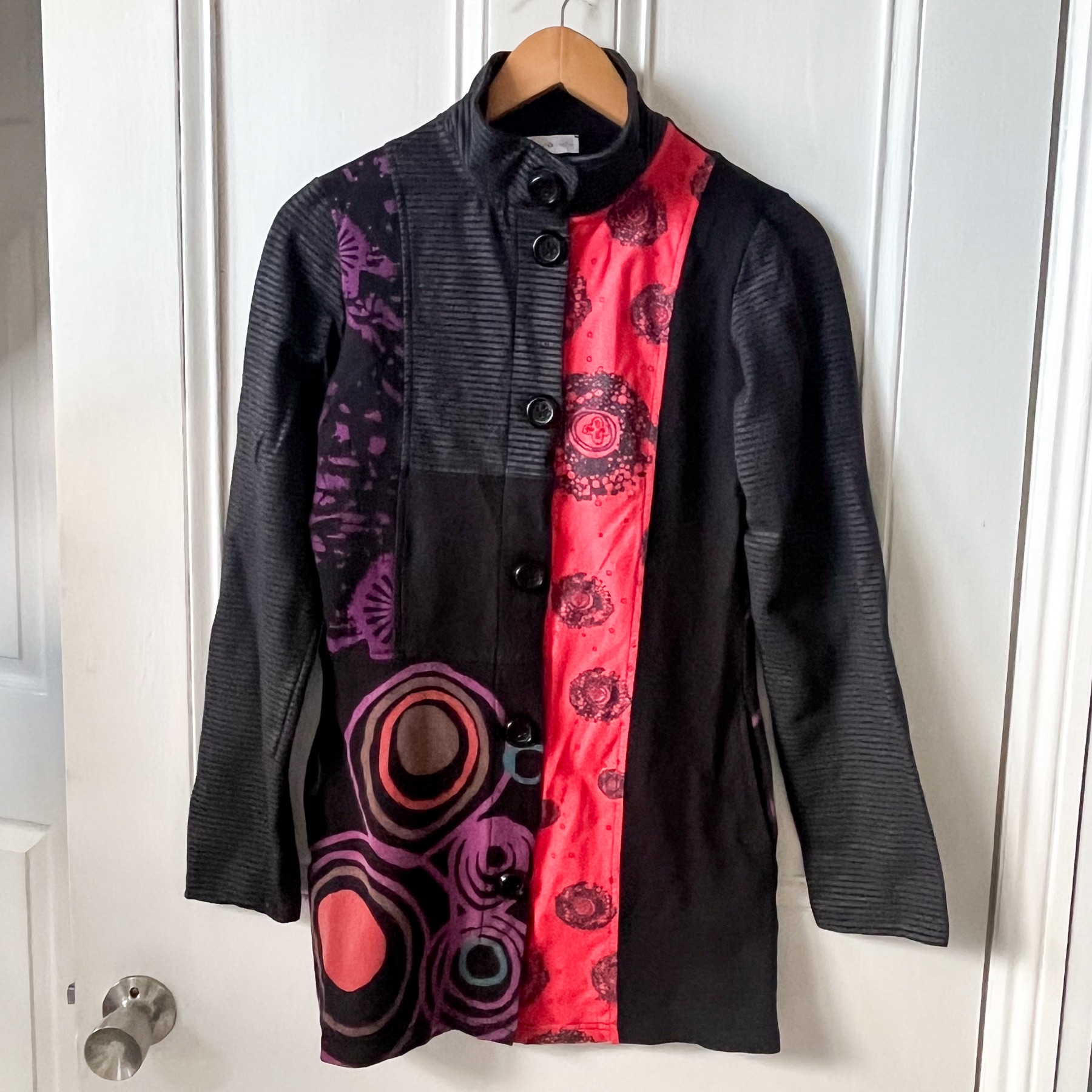 Cache Cache Artsy Patchwork Jacket - Size 2 (M) - Bold Red/Purple Abstract Mix