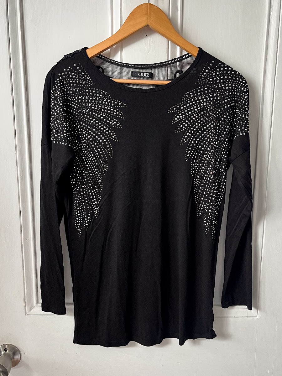Quiz Size small black sparkly wing pattern top with back lace detail long sleeve