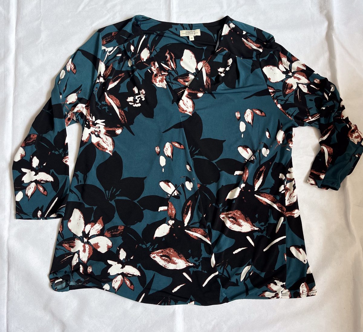 Papaya Weekend Top Size 18 Teal Blue Floral Wrap V-Neck 3/4 Sleeve Blouse Jersey