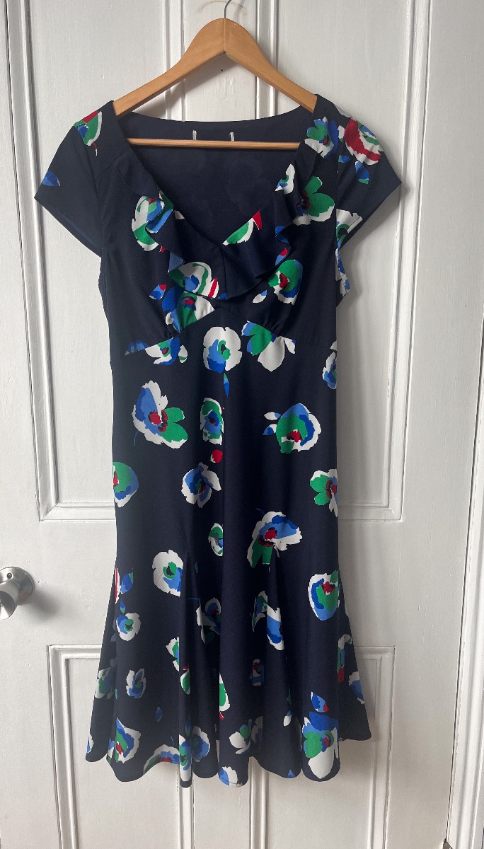 Marks & Spencer Per Una Navy Floral Dress Size 14 Medium Ruffle Neck A-Line