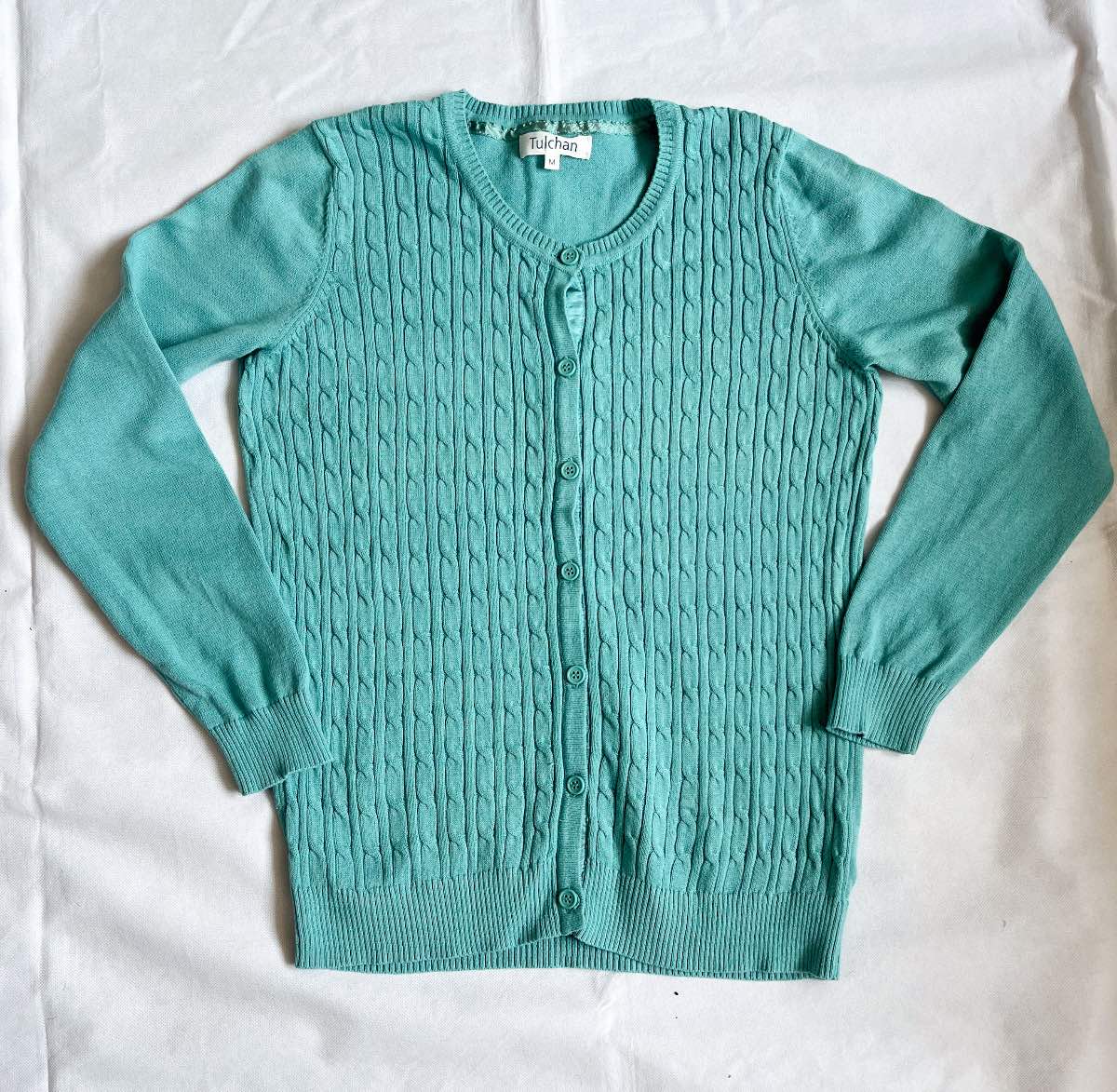 Tulchan Women's M Cardigan Aqua Mint Teal Green Cable Knit 100% Cotton Crew Neck