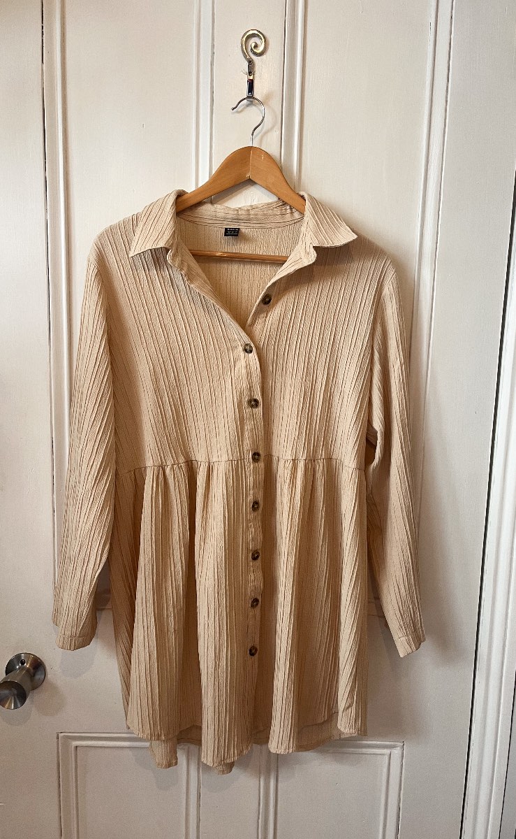 lovely beige loose fitting button through smock dress size M