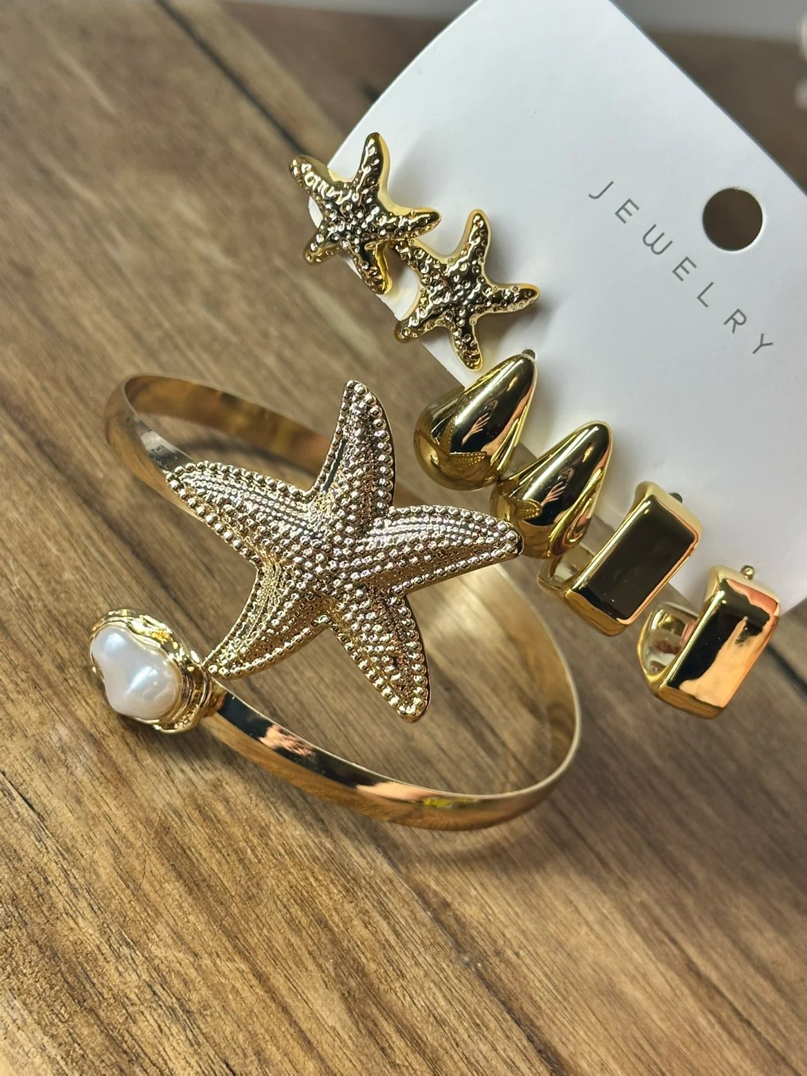 Gold Starfish & Pearl Arm Cuff Bracelet + 3 Pairs Earrings