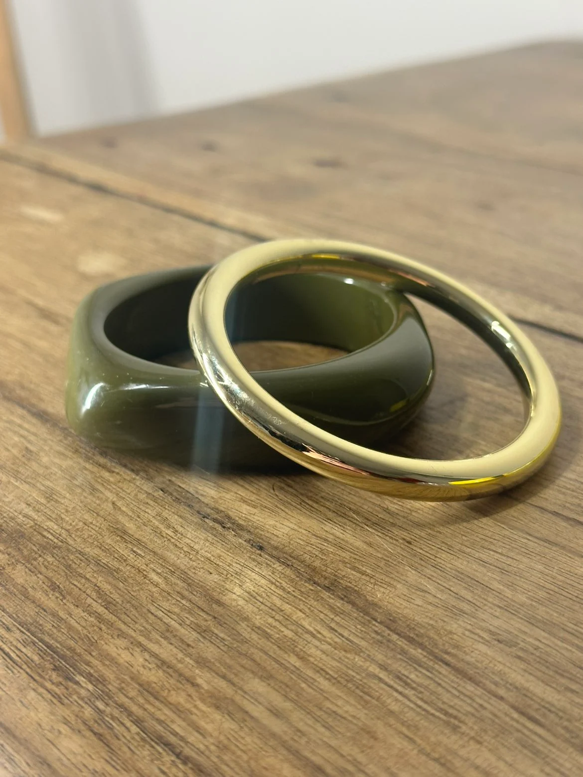 Set of 2 Chunky Green & Gold Bangles / Bracelets