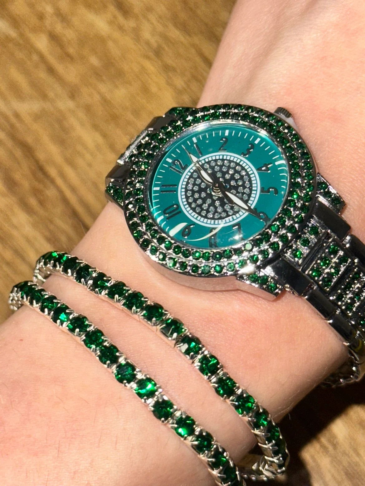 Green Diamanté Watch & Matching Tennis Bracelet Set