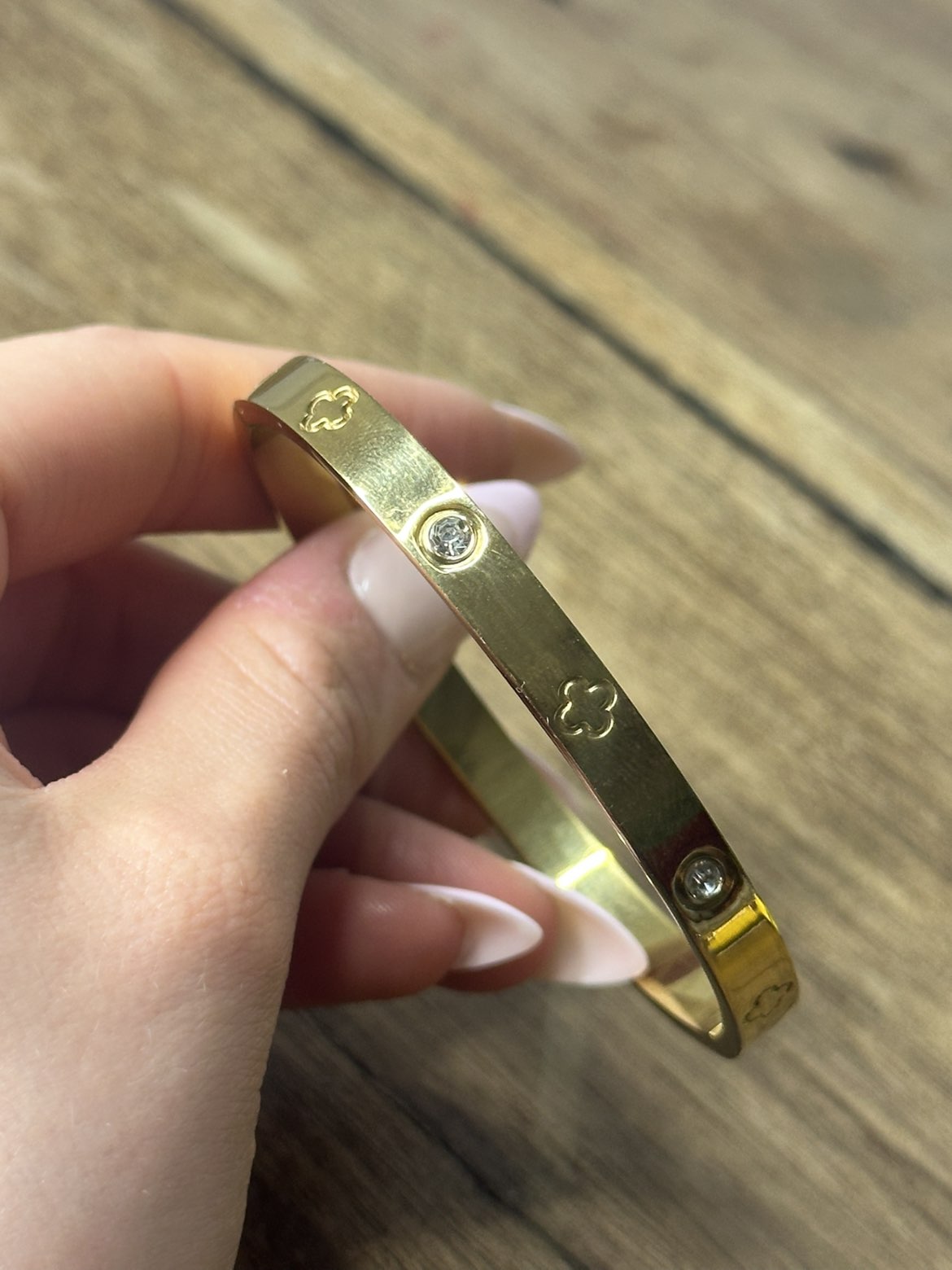 Gold Tone Clover & Crystal Hinged Bangle Bracelet