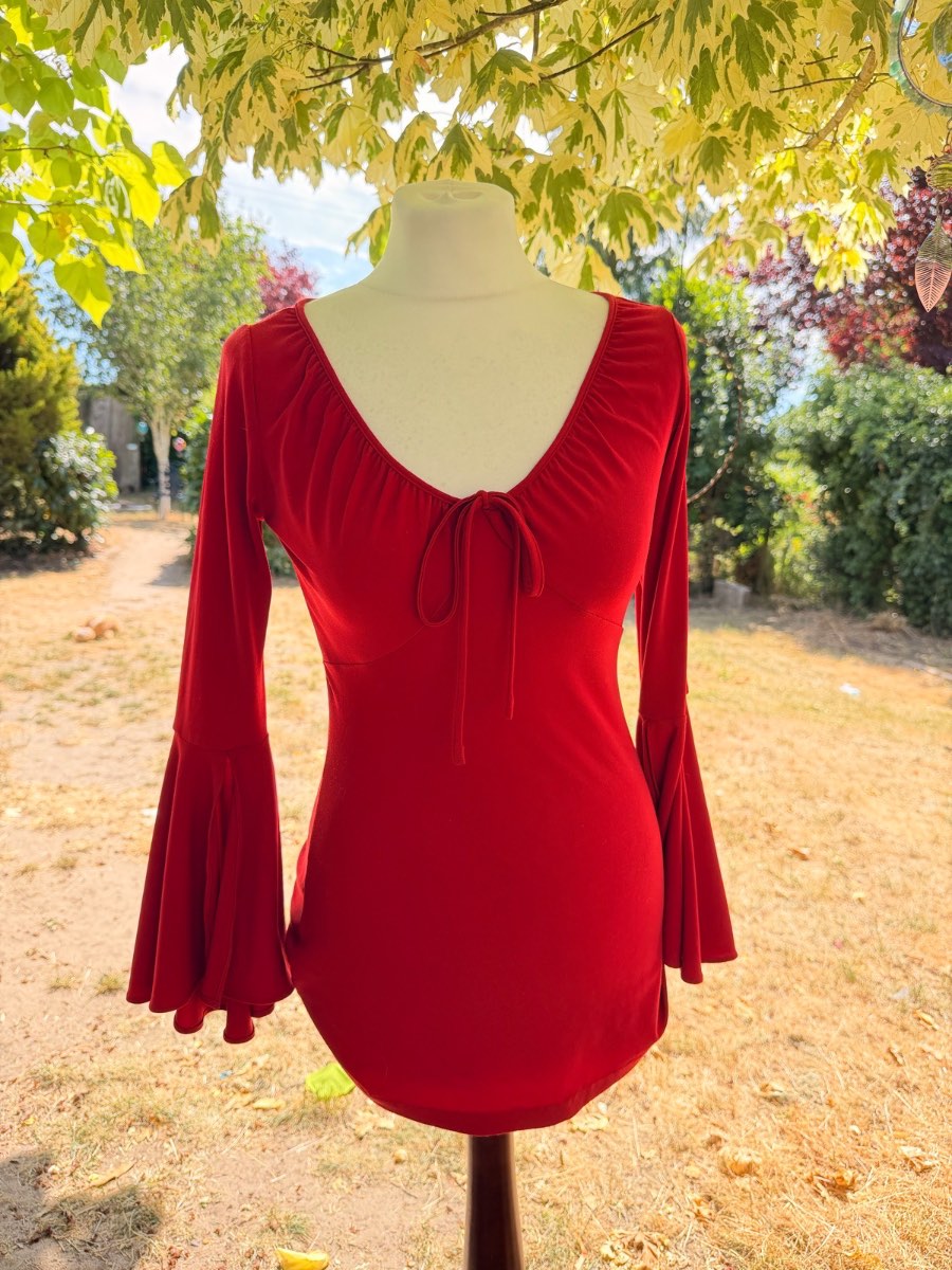 ❤️ Y2K Red Bell Sleeve Tie Front Stretch Top Boho Fairy Grunge UK 8