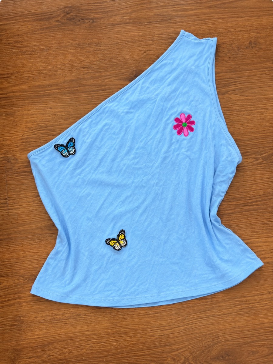 Weekend One Shoulder Butterfly Appliqué Y2K Top Blue Size L UK 14