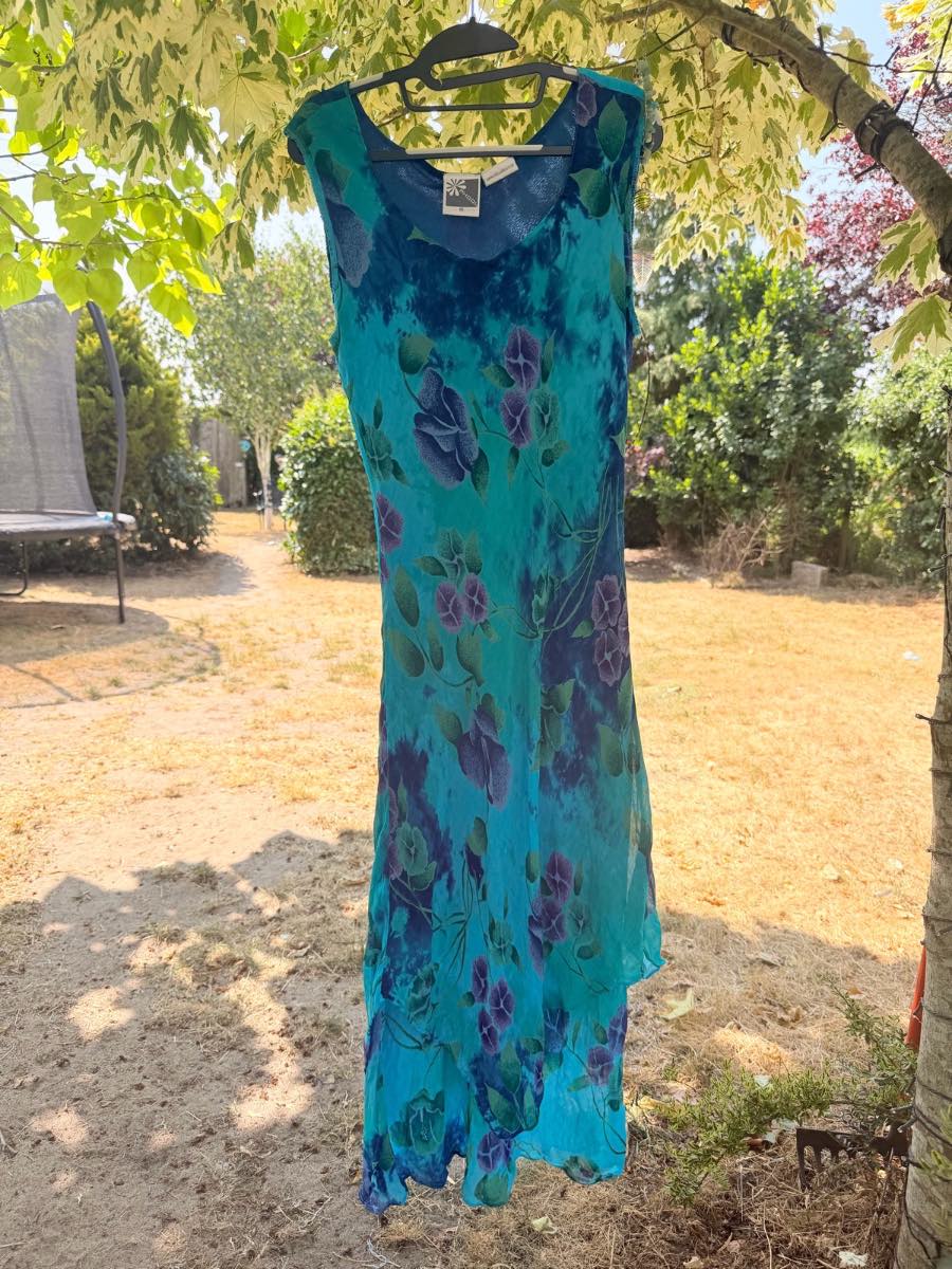 💙 Y2K Phool Blue Floral Mesh Midi Dress Fits UK 10 Boho Fairy Grunge