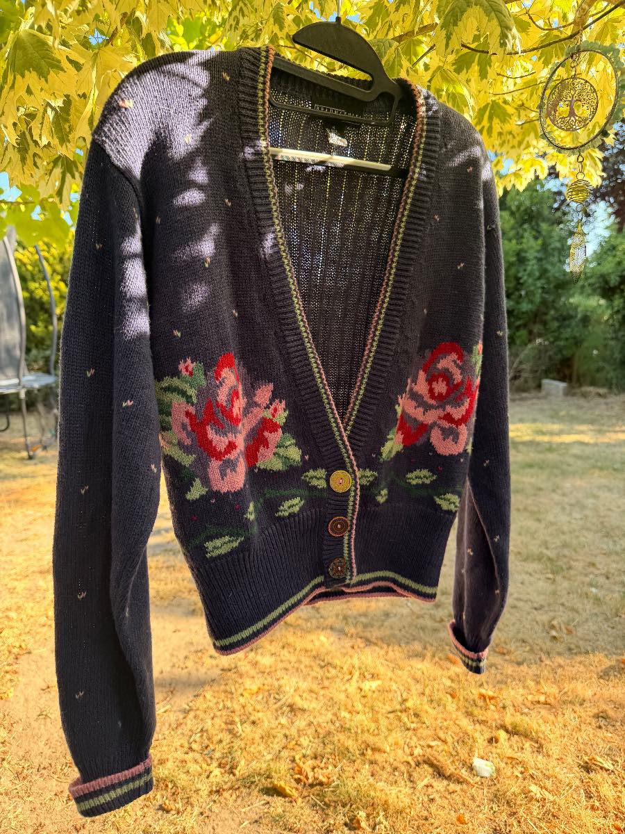Vintage braunstyle Floral Knit Cardigan Navy Rose Cottagecore Size M