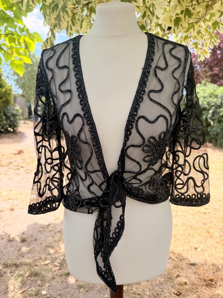 🖤 Y2K Sheer Embroidered Mesh Tie Front Bolero Cardigan Boho Festival