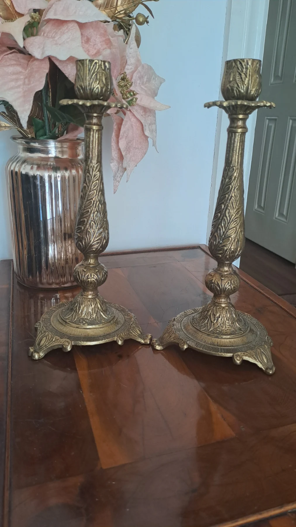 Vintage ornate pair of brass candle holders