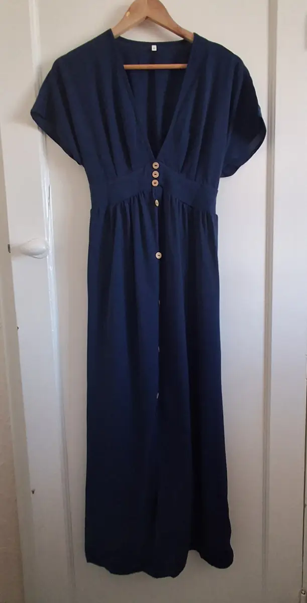 Navy Long Dress Button Decoration On Front Size Small Deep V Front TikTok Viral