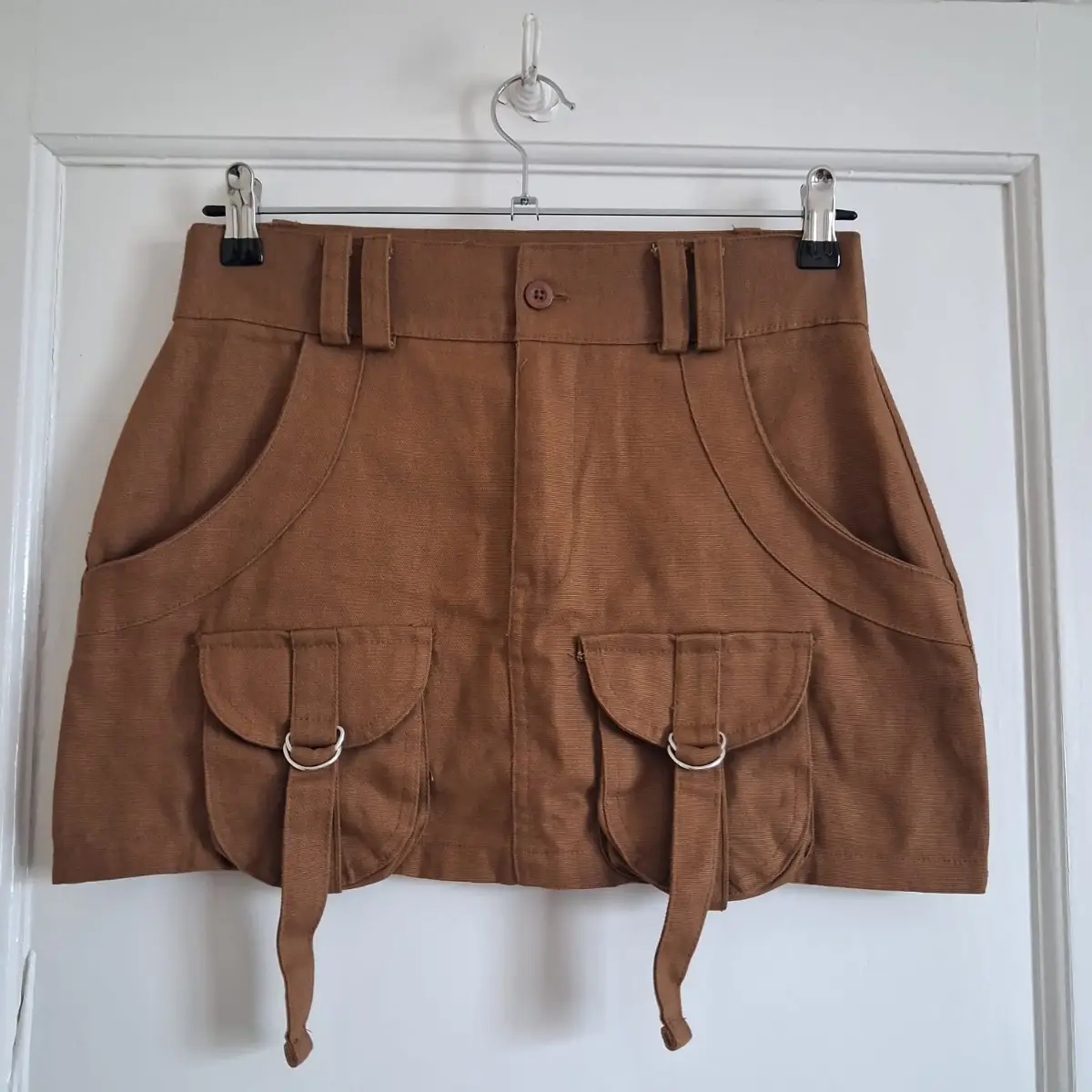PrettyLittleThing Brown Cargo Pocket Micro Mini Skirt Summer Festival Tan Size 8