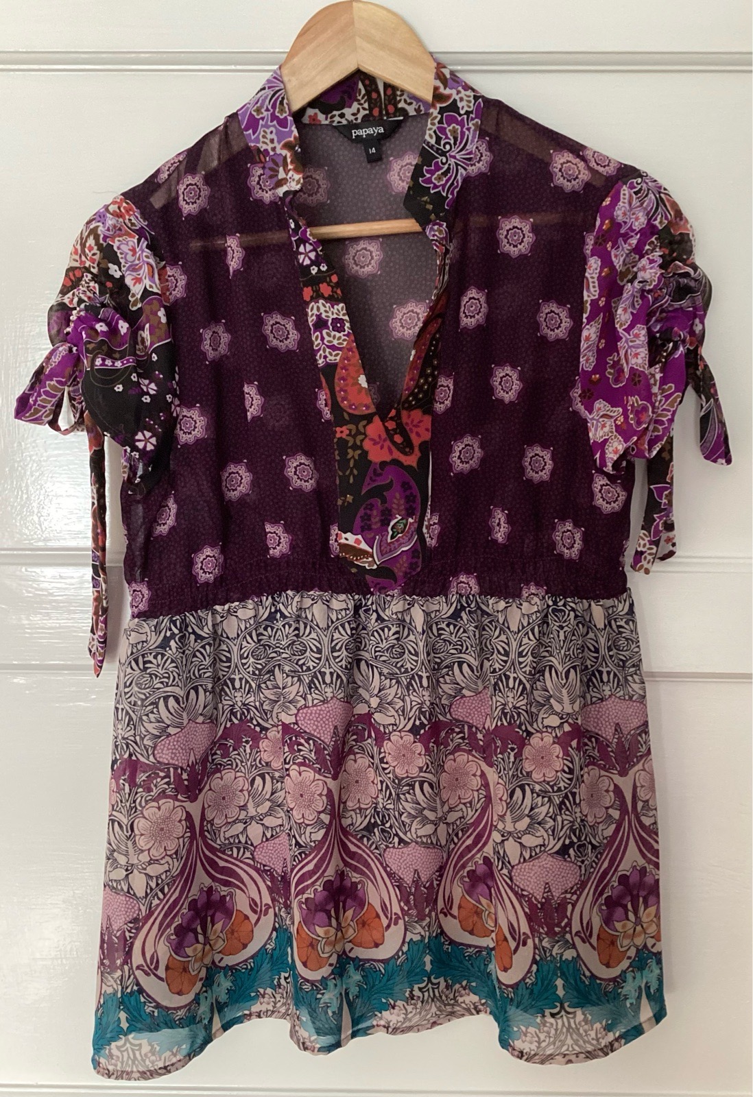 Boho Style Short Sleeve Sheer Blouse by Papaya Size 14