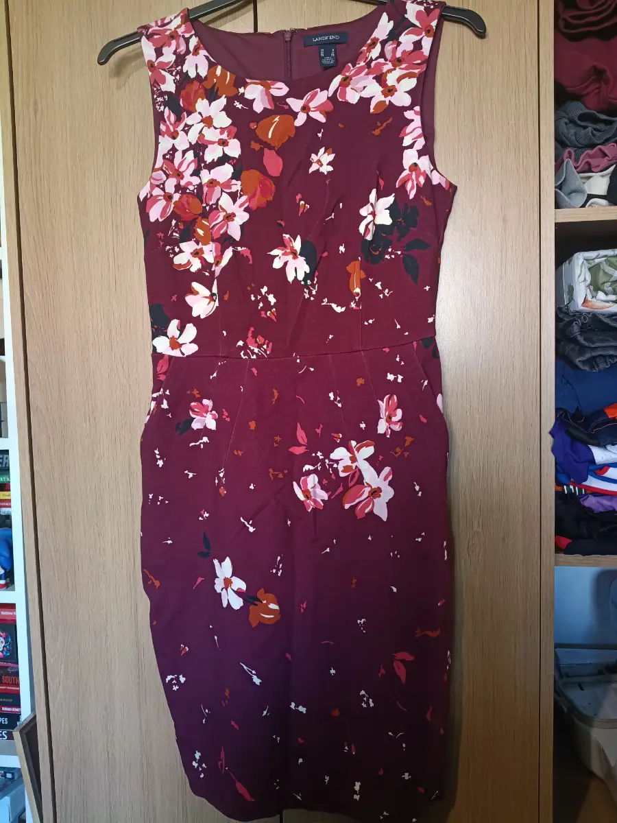 Lands' End Burgundy Floral Shift Dress UK 12 Sleeveless Smart Casual