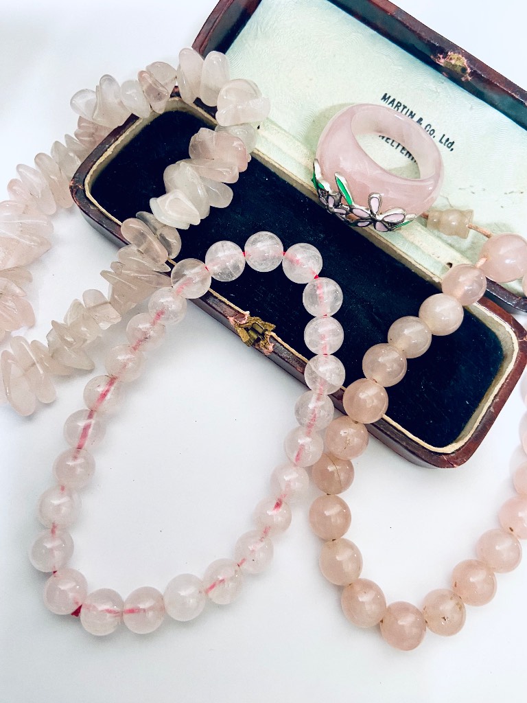 Vintage Rose quartz bracelet, ring bundle
