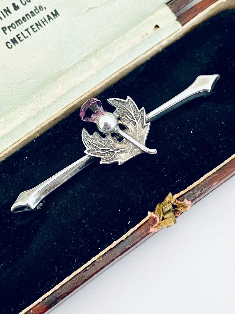 Vintage Scottish Sterling Silver 925 hallmarked purple crystal thistle flower brooch