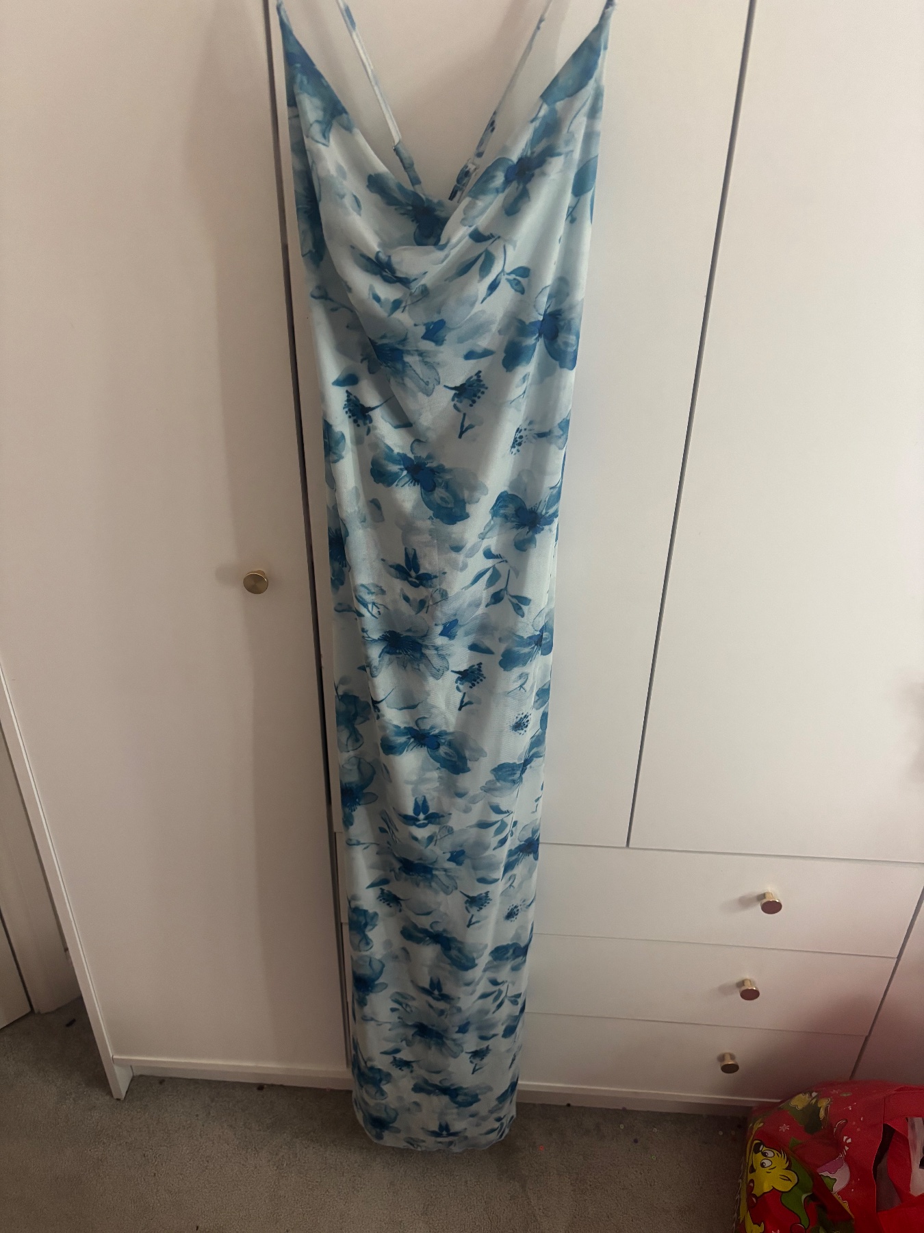 Blue Floral Print Skater Maxi Dress Backless Cowl Neck Size XL