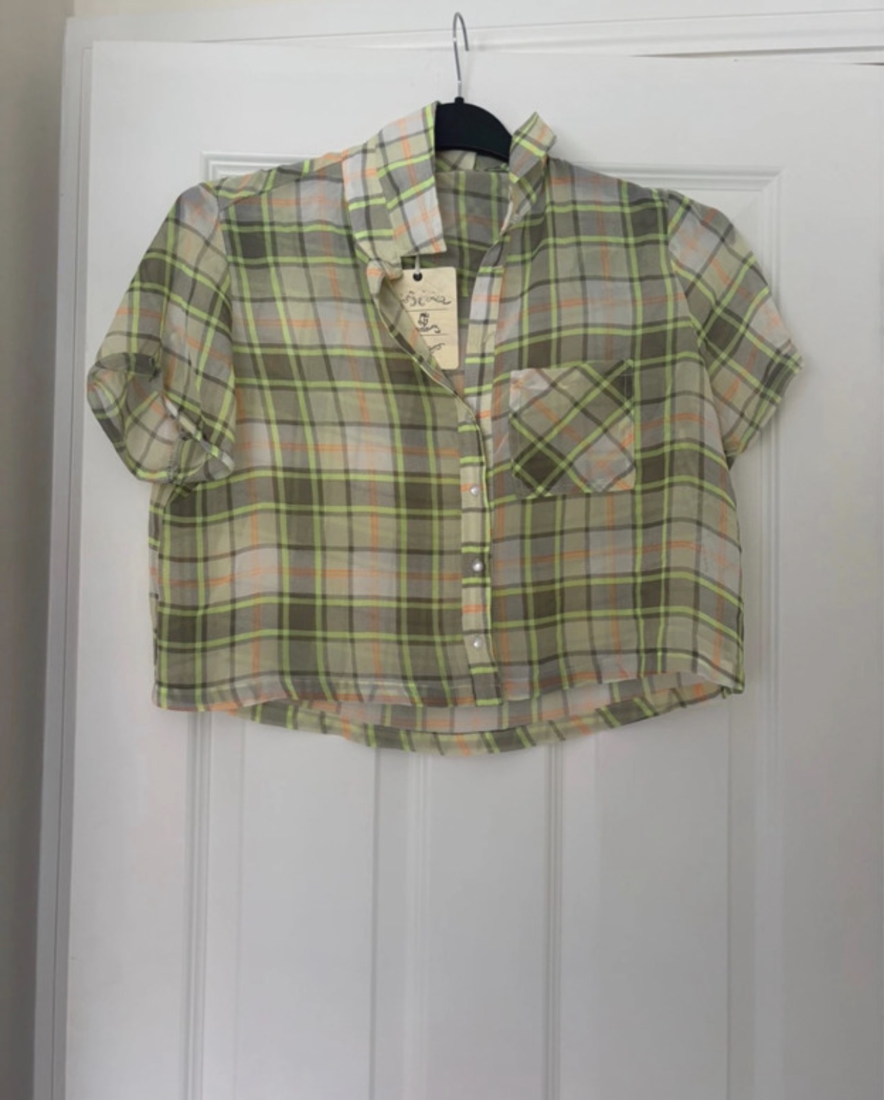 Green Short Sleeve Mesh Checkered Cropped Shirt Size Small