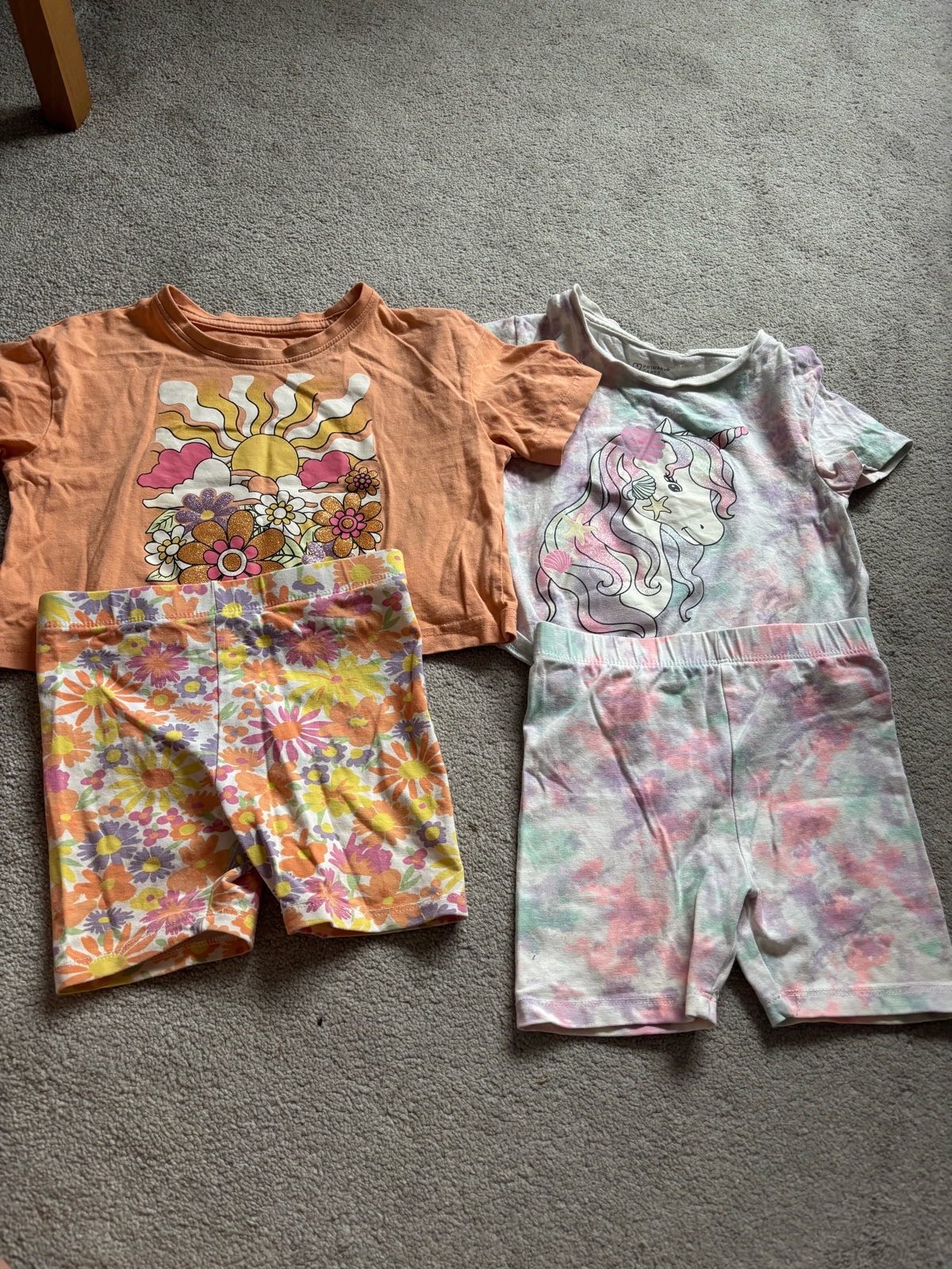 2 Girls Unicorn Flower Shorts and T-Shirt Co-ord Sets Size 3-4 Years