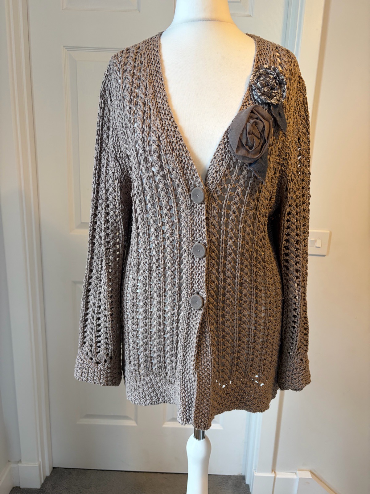 Boho Crochet Knit Cardigan Size 12-14 3D Floral Corsage Cottagecore Festival
