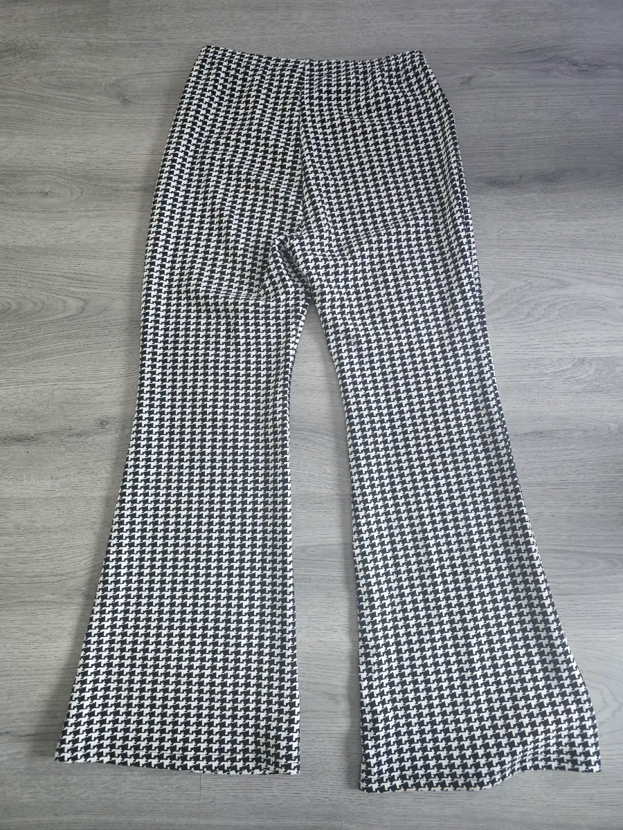Black and White Gingham Print Wide Leg Flared Trousers