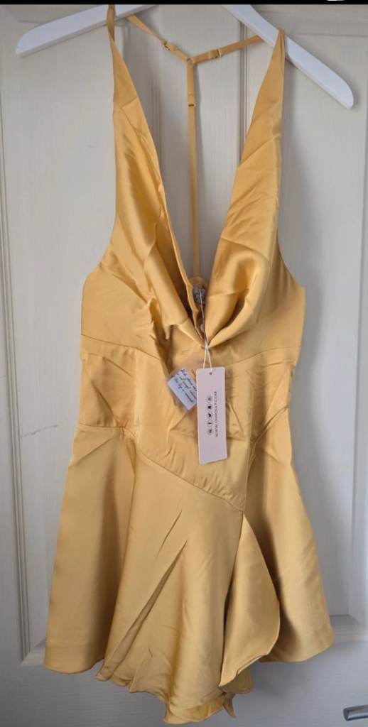 Oh Polly Gold Satin Halterneck Backless Mini Dress