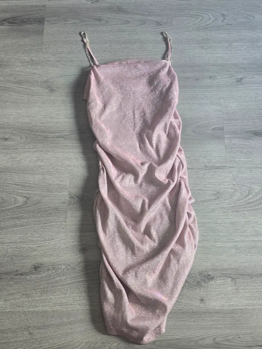 Pink Glitter Ruched Bodycon Mini Dress with Diamanté Straps
