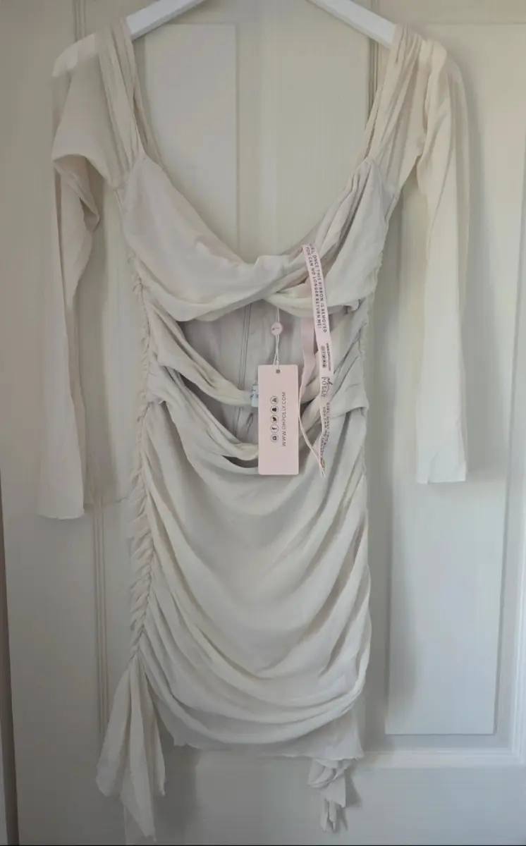Oh Polly White Ruched Long-Sleeved Bodycon Mini Dress