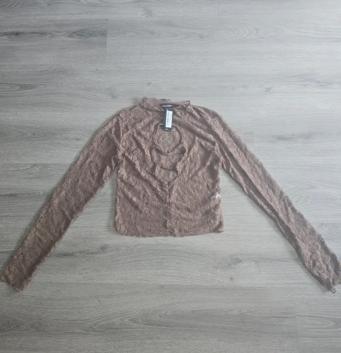 Mocha Floral Mesh High Lettuce Neck Long-Sleeved Top