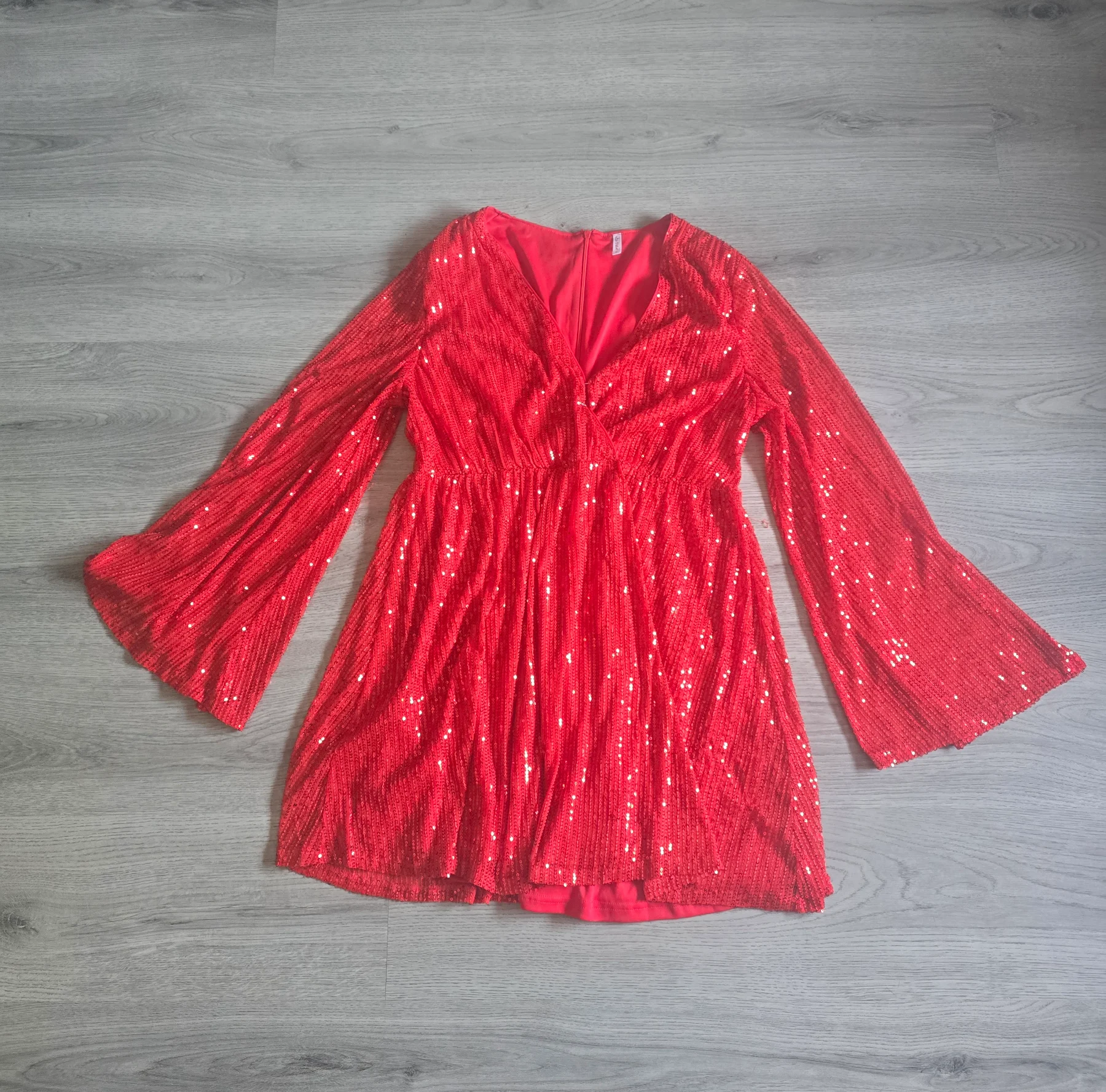 Red Sequin Deep Plunge V-Neck Dress