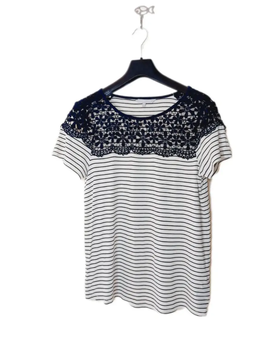 Red Herring Navy & White Striped Top with Lace Detail - Size 14