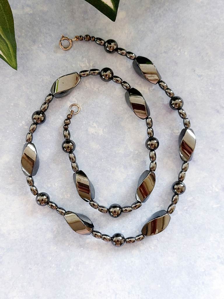 Vintage 925 Sterling Silver & Hematite Beaded Necklace 52cm