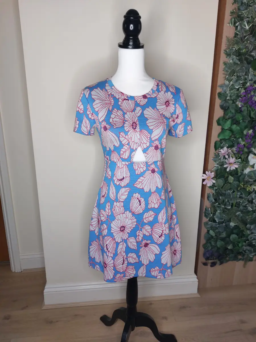 Zara Blue & Pink Floral Cut-Out Mini Dress - Size M (New Without Tags)