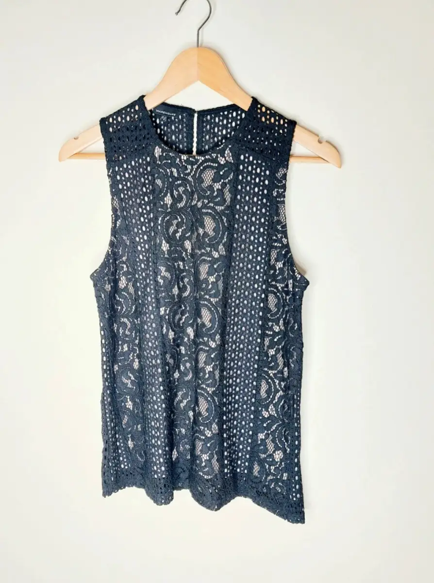 Warehouse Black Lace Sleeveless Top UK 12
