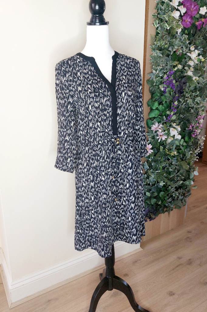 H&M Monochrome Patterned Summer Dress Size 10 Adjustable Waist