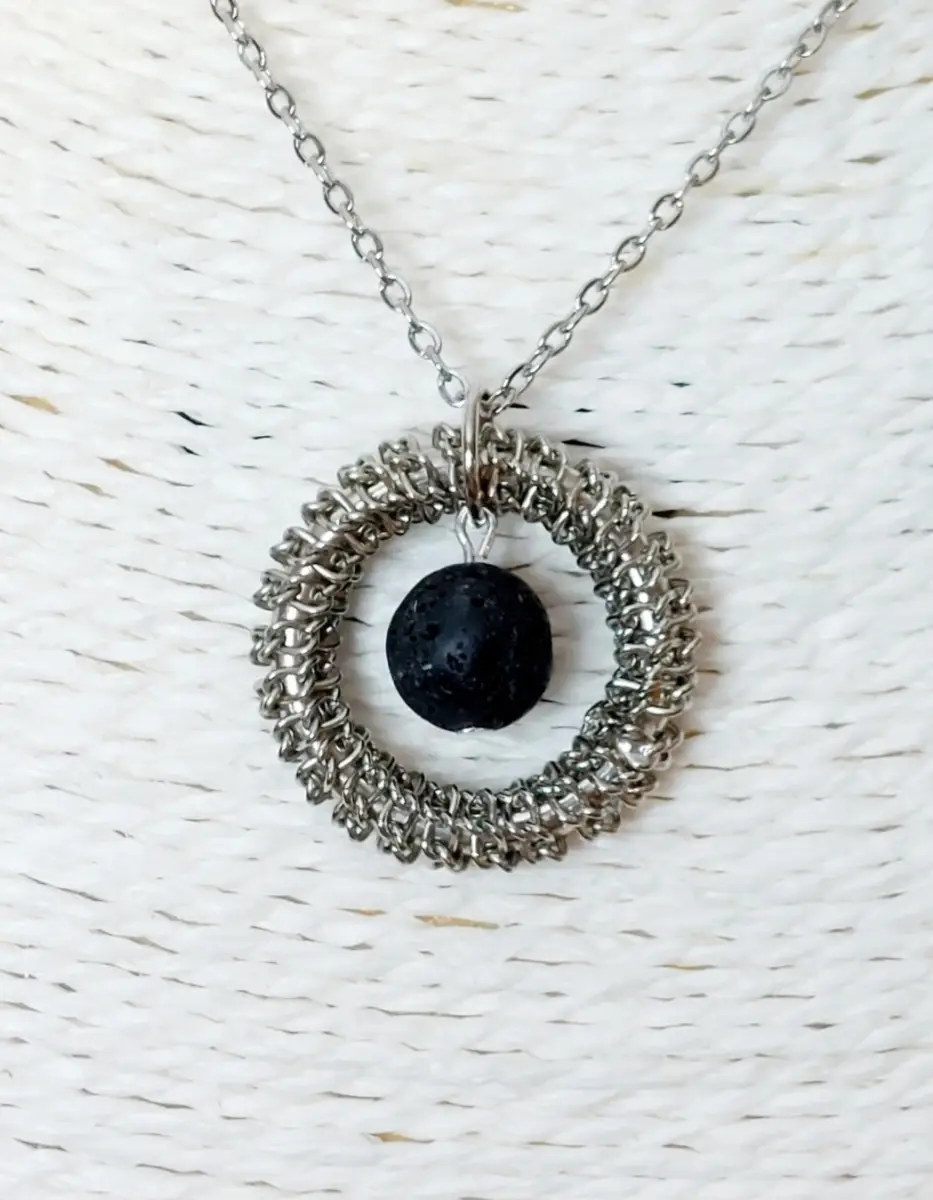 Silver Chainmaille Ring Necklace with Black Lava Stone Pendant – 45cm